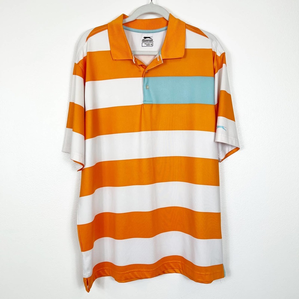 Slazenger Men's Short Sleeve Polo Golf Shirt Orange & White Stripe Size XL